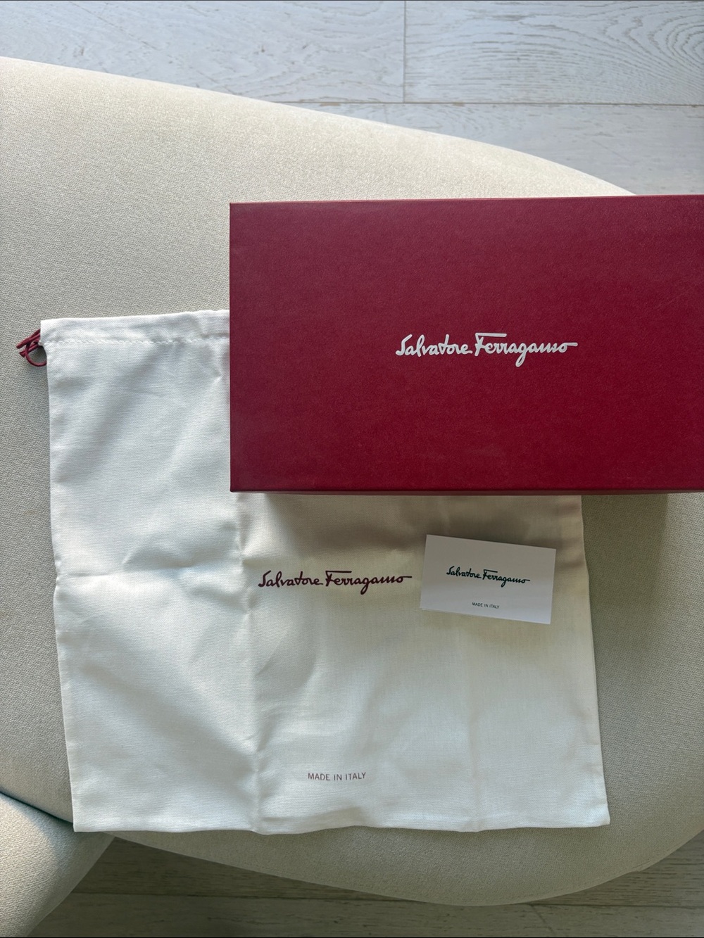 Salvatore Ferragamo Burgundy Box with Cream Dust Bag
